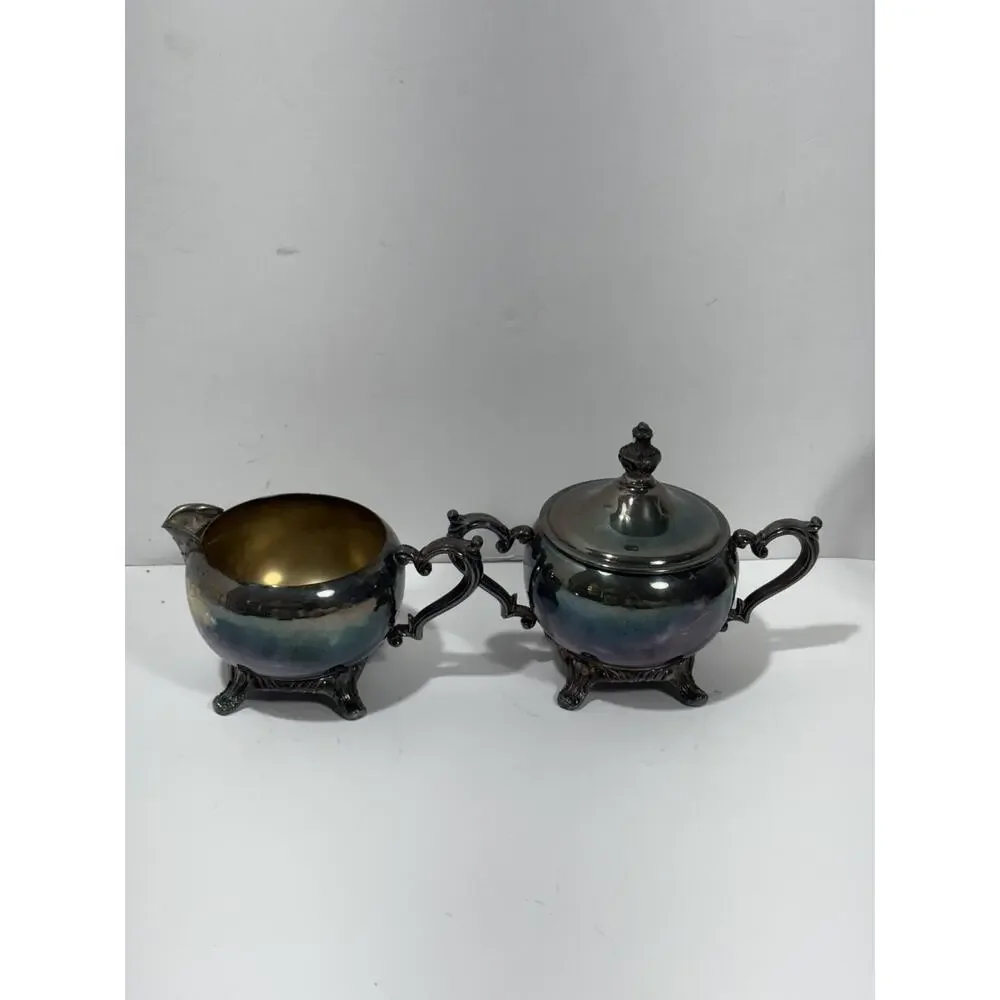 Vintage MCM Silver Plated Creamer and Lidded Sugar Set Inner Pearled Silverplate